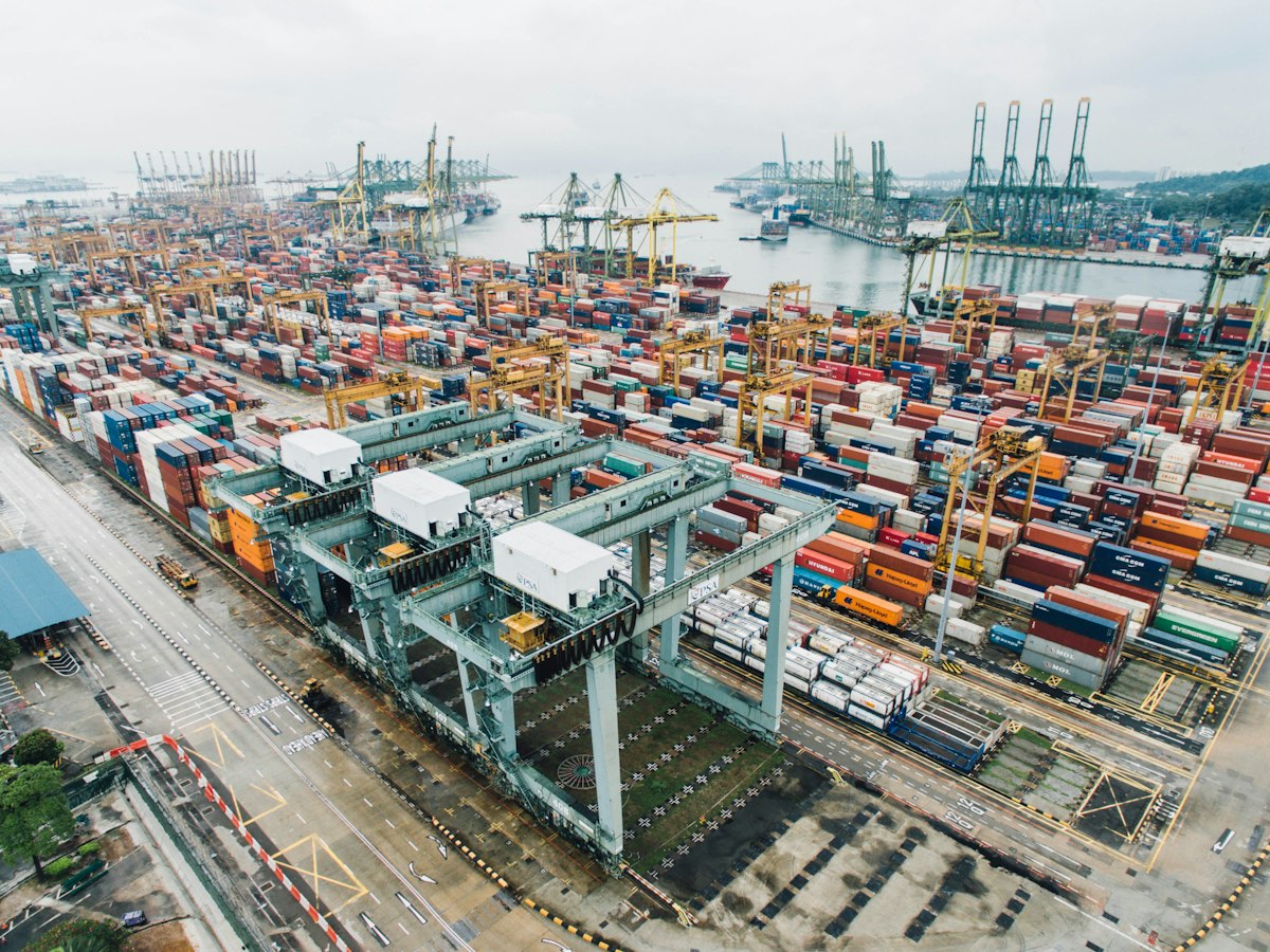 Aerial view of a busy container terminal